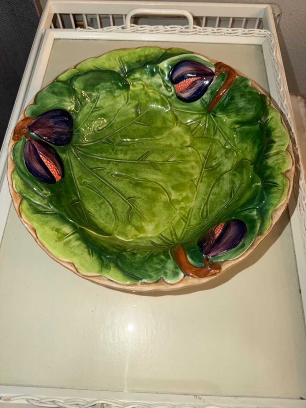 Vintage Ceramiche Leonardo Handmade Majolica Italian Fruit Bowl w/Greens and Fig